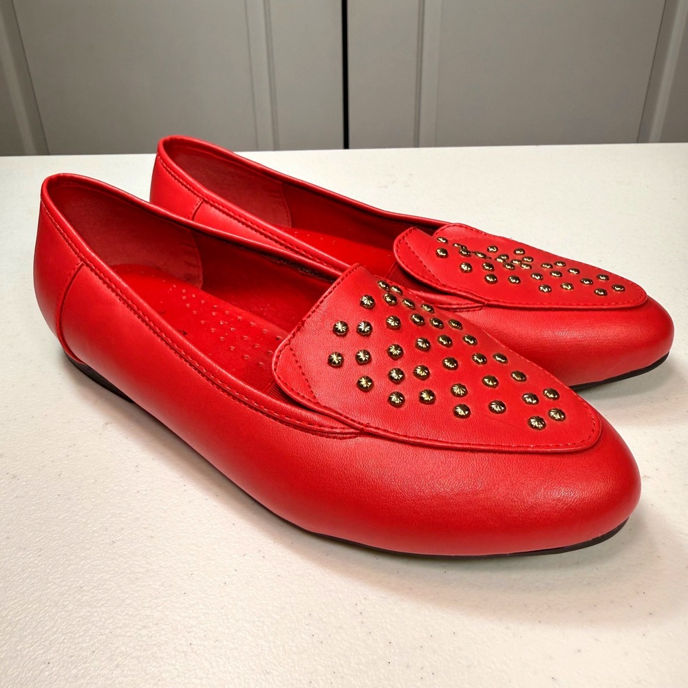 Angel Steps Red Studded Loafers Gold Stud Flats Workwear Streetwear Size 7W